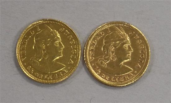 Two Peruvian 1/5 Libra gold coins, 3.2g gross